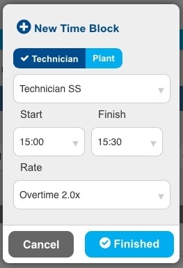 A screenshot of the add time block options in the Timesheet page of Connect.
